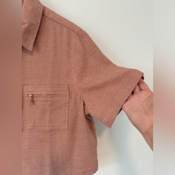 Lucy Folk Dusty Rose Pink Textured Short Sleeve Cropped Quarter Zip Top Small - Picture 9 of 17